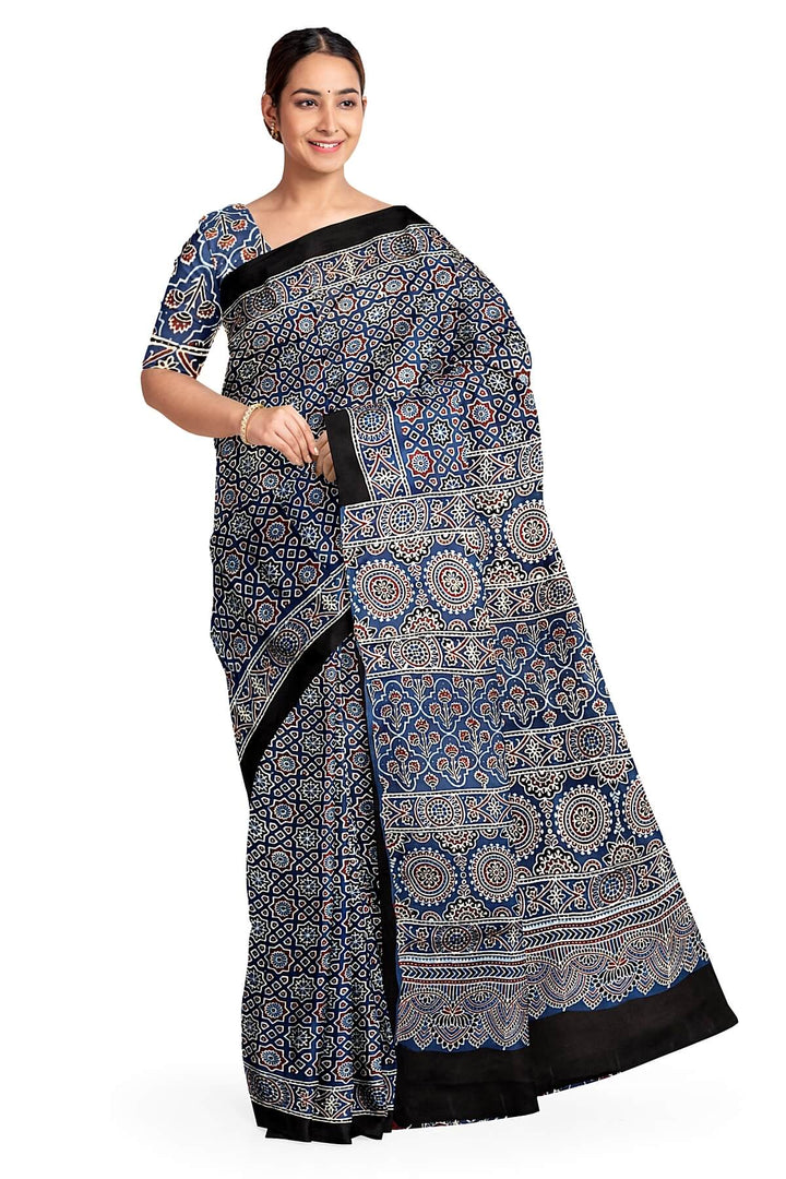 Modal silk saree in blue in hand block ajrakh print