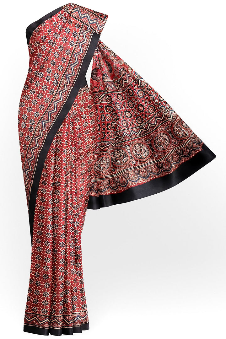 Modal silk saree in red in hand block ajrakh print