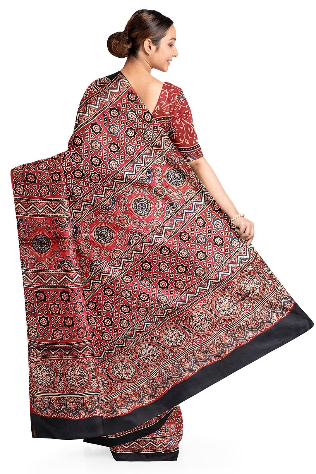 Modal silk saree in red in hand block ajrakh print