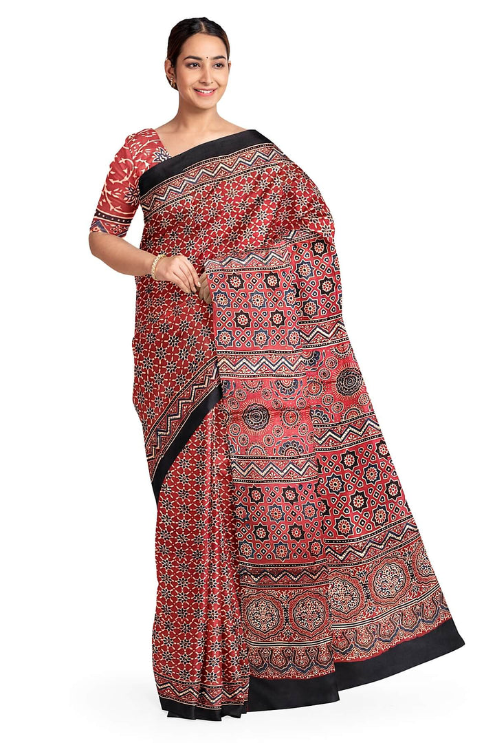 Modal silk saree in red in hand block ajrakh print
