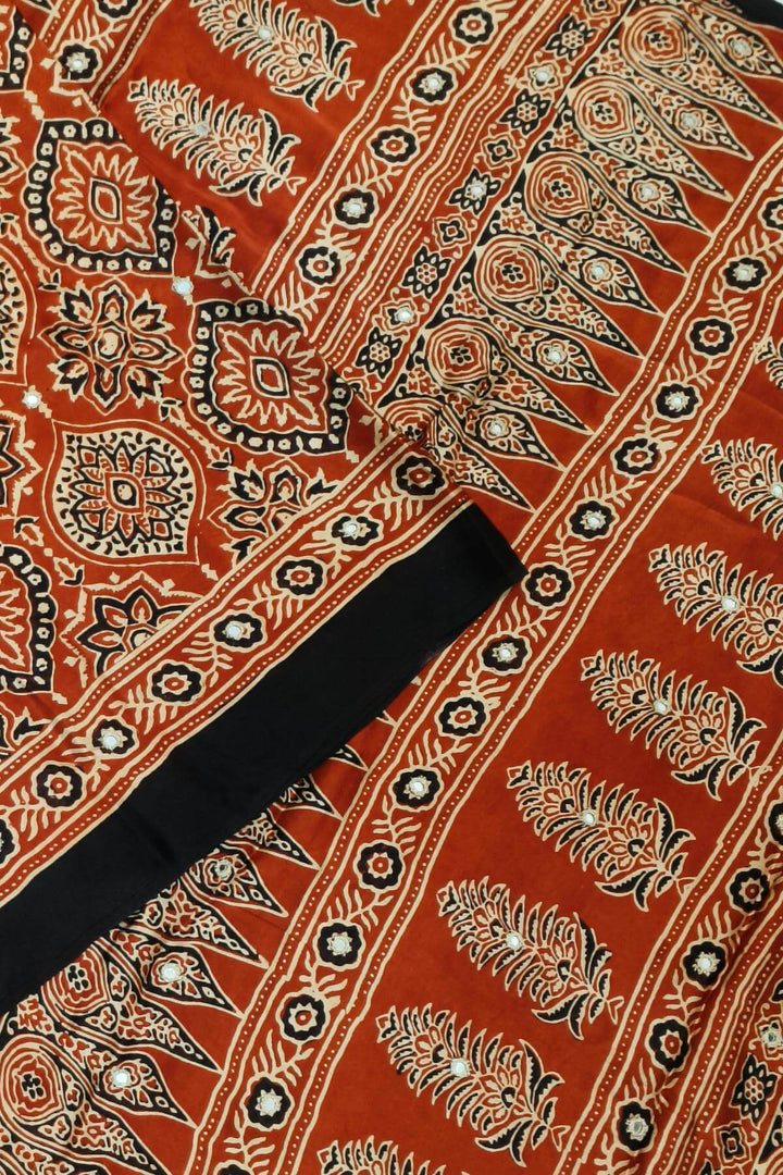 Hand block Ajrakh print modal silk saree in red