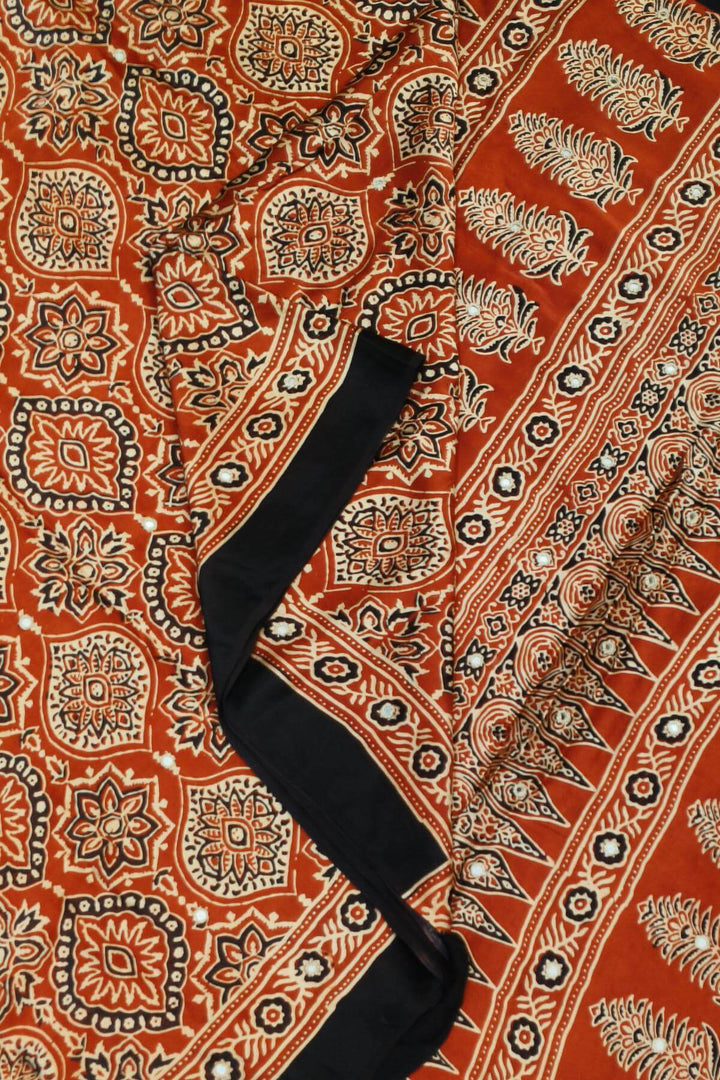 Hand block Ajrakh print modal silk saree in red