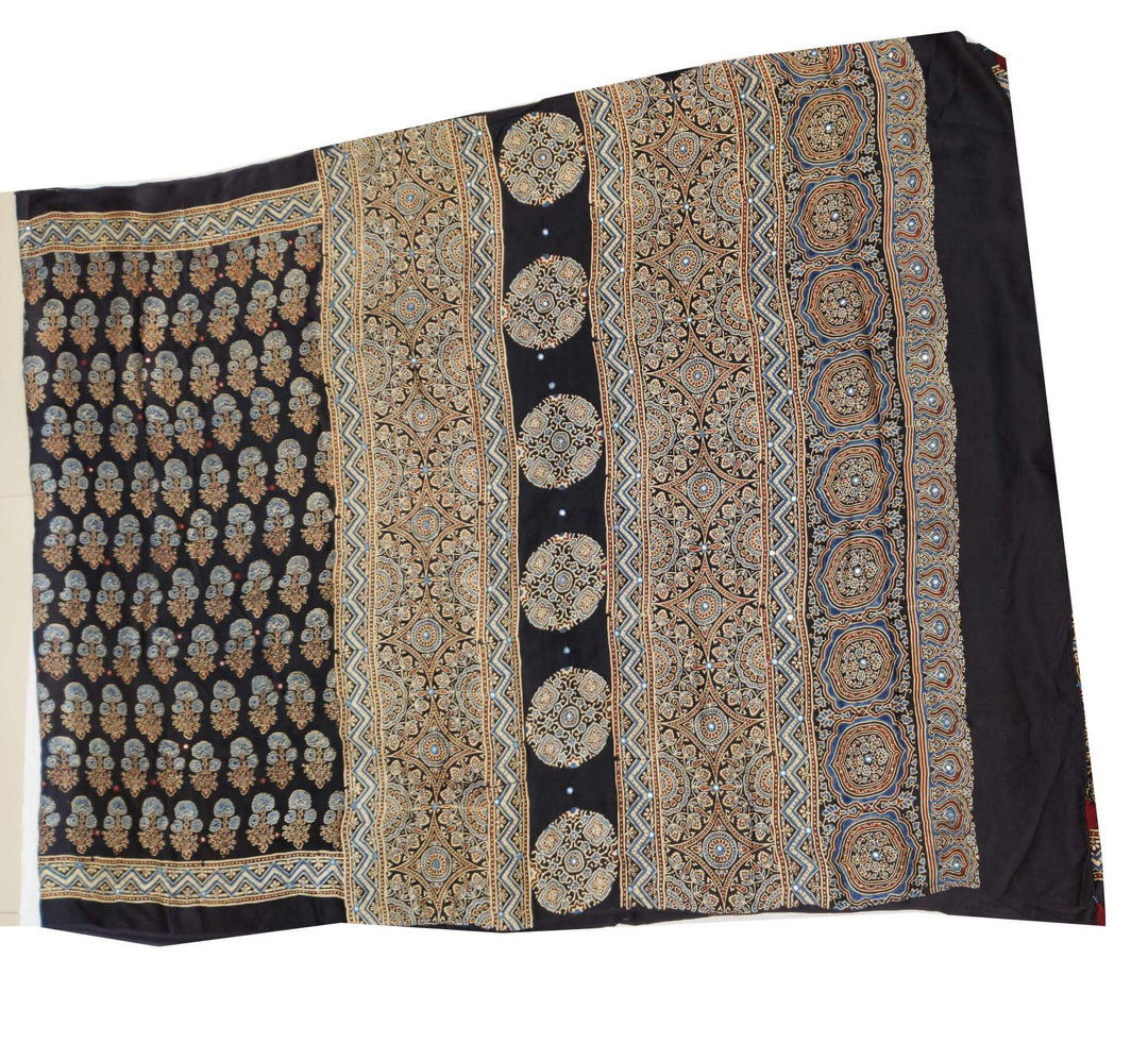 Hand block Ajrakh print modal silk saree in black