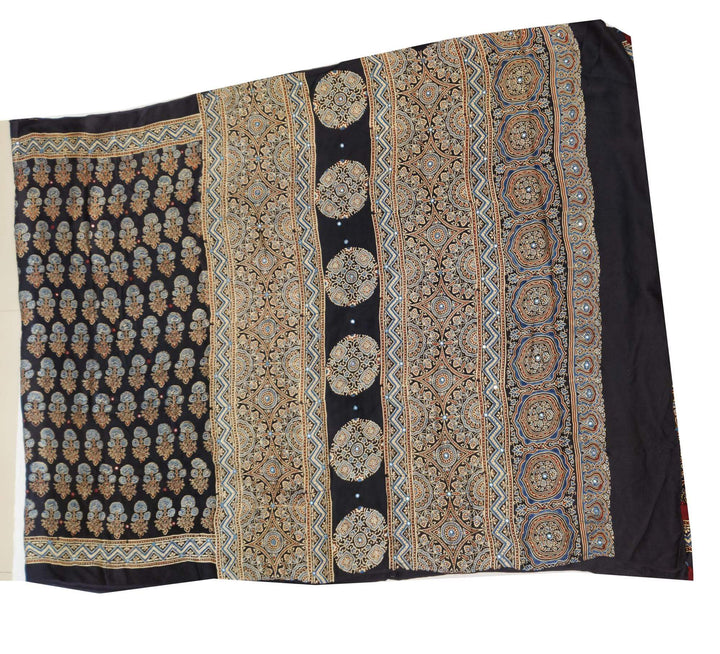 Hand block Ajrakh print modal silk saree in black