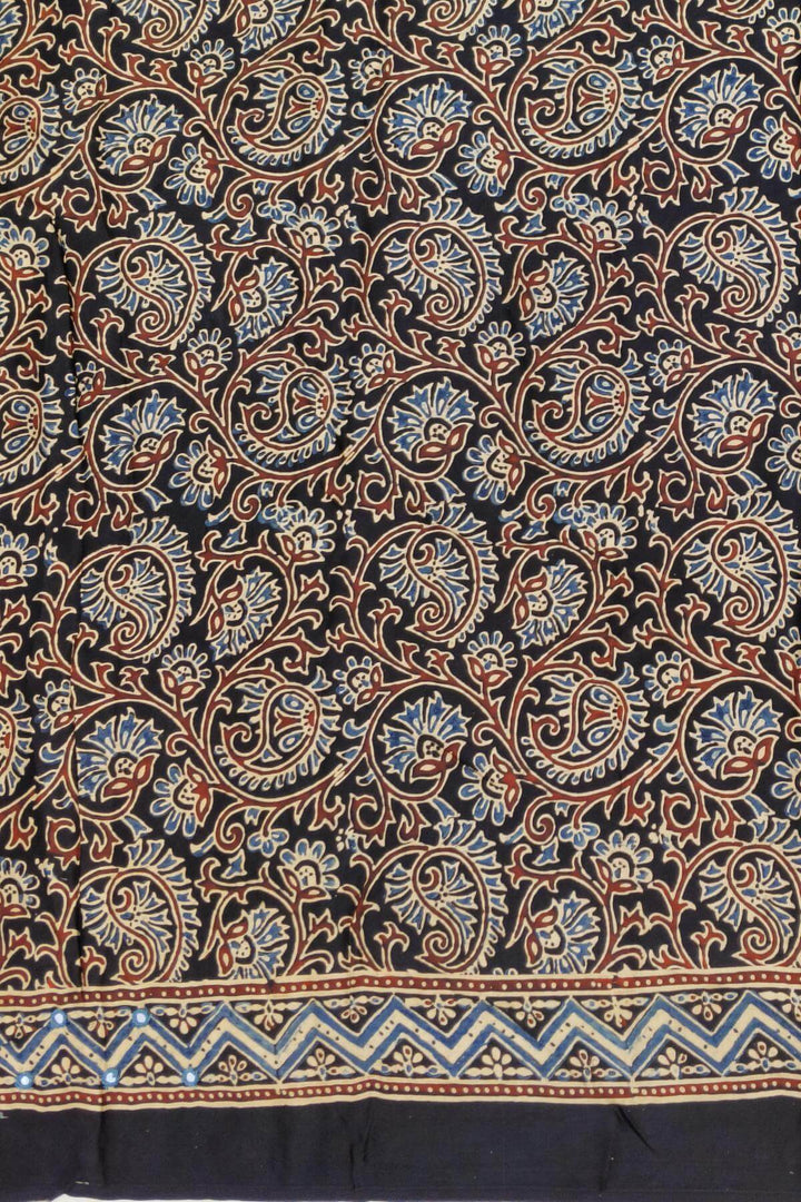 Hand block Ajrakh print modal silk saree in black