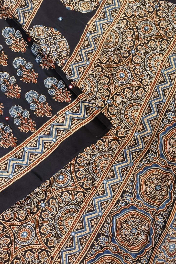 Hand block Ajrakh print modal silk saree in black