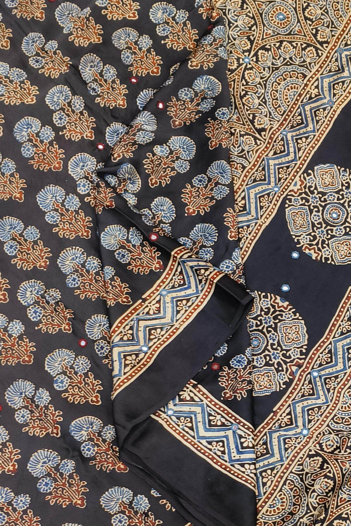 Hand block Ajrakh print modal silk saree in black