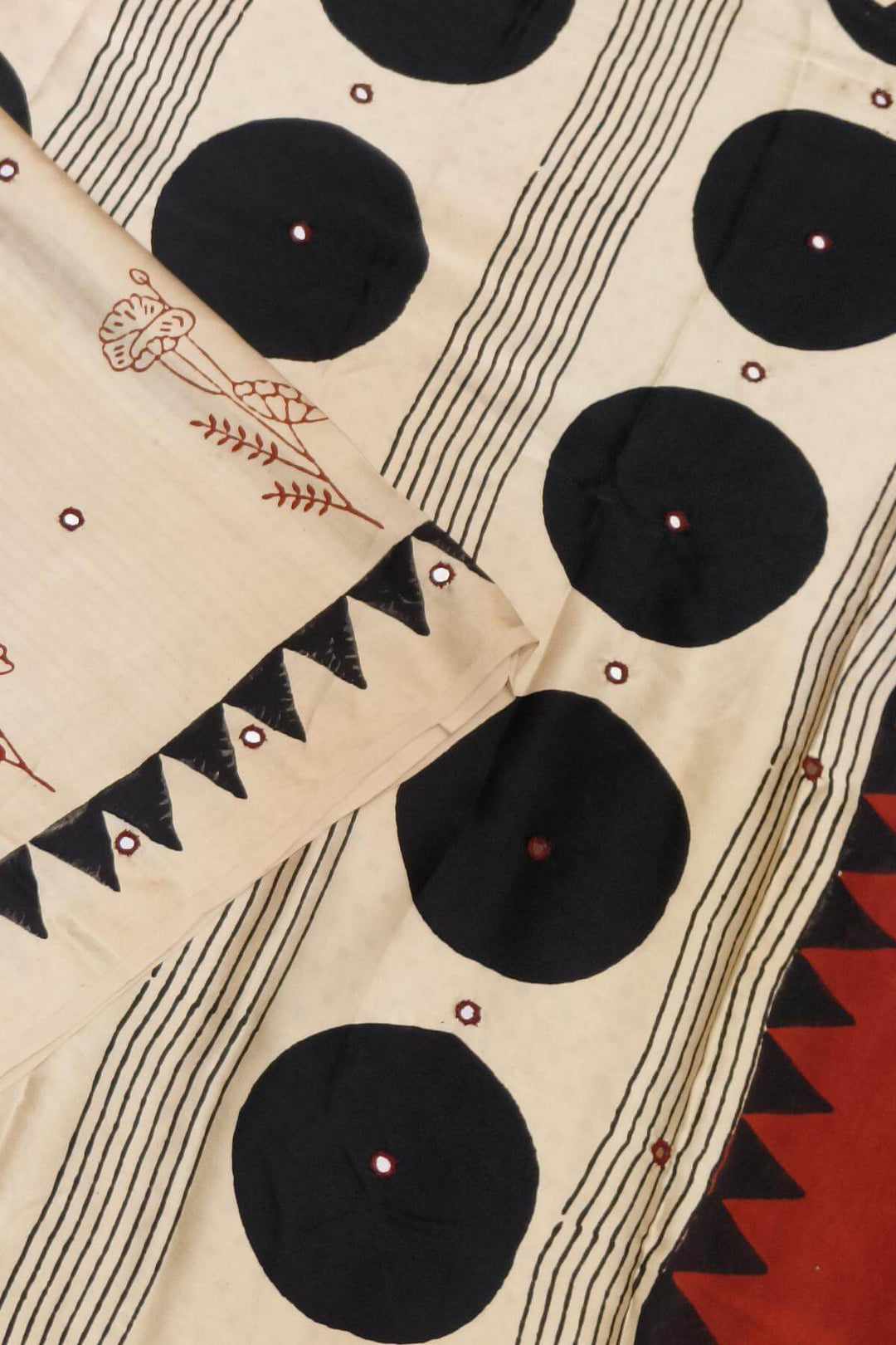 Hand block Ajrakh print modal silk saree in off white i