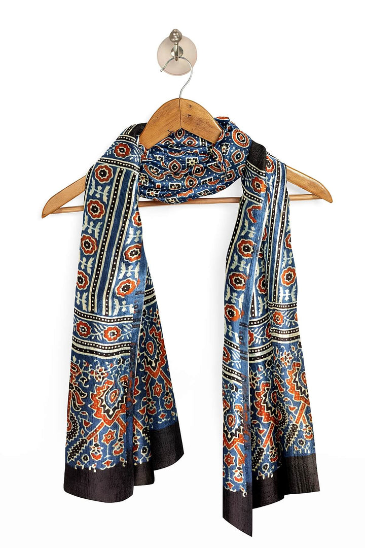 Modal silk  stole in blue with  ajrakh hand block print