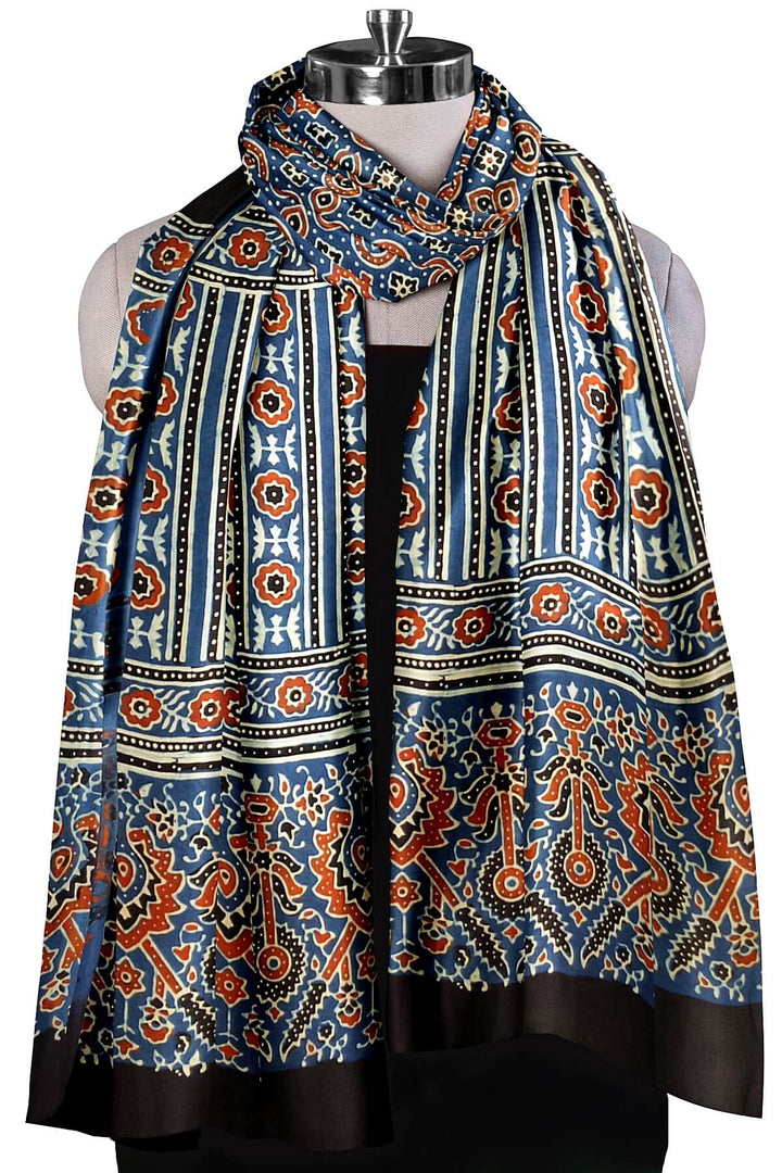 Modal silk  stole in blue with  ajrakh hand block print
