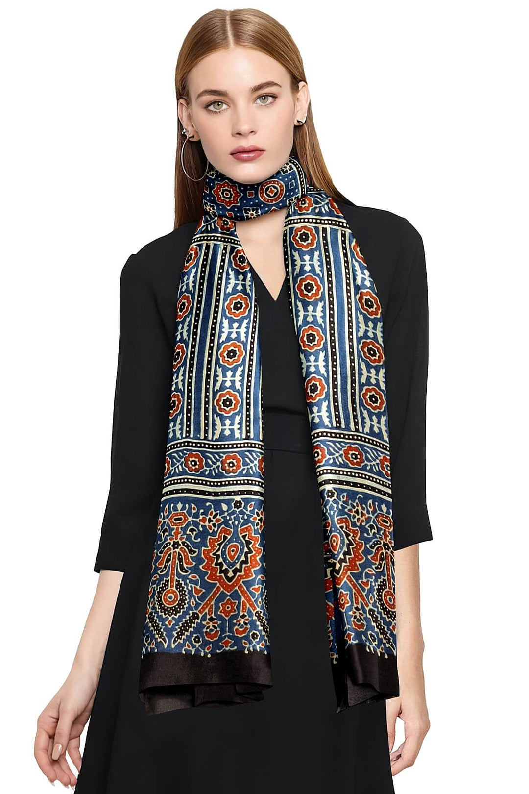 Modal silk  stole in blue with  ajrakh hand block print