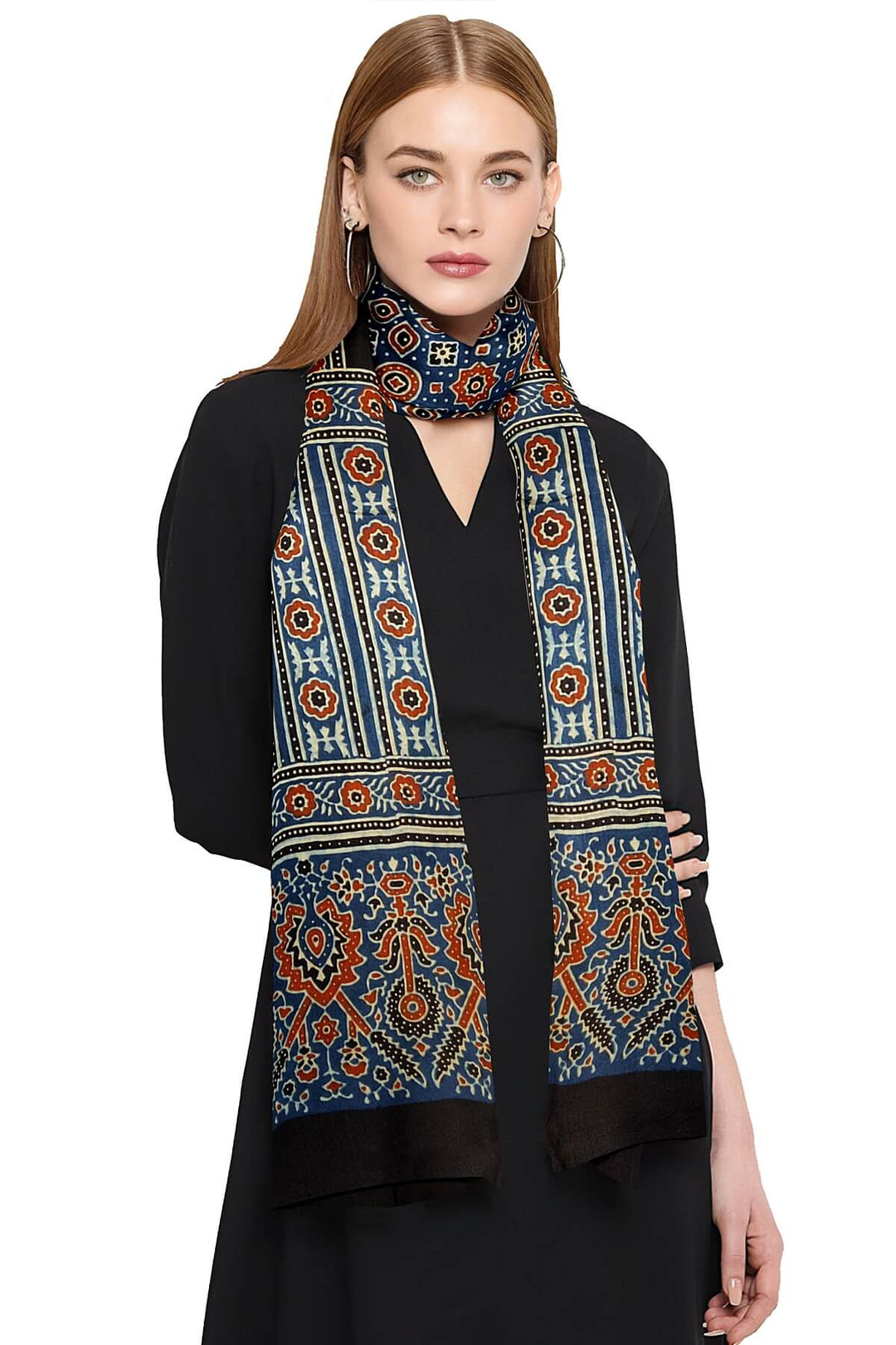 Modal silk  stole in blue with  ajrakh hand block print