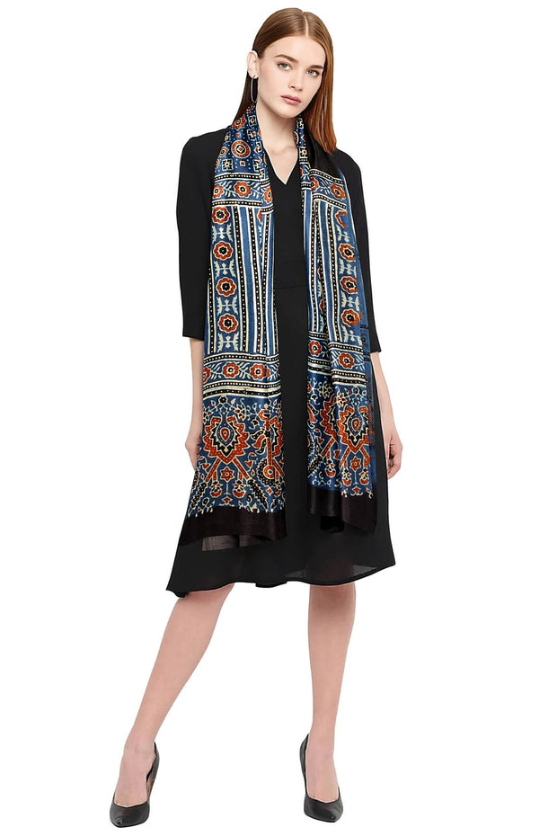Modal silk  stole in blue with  ajrakh hand block print