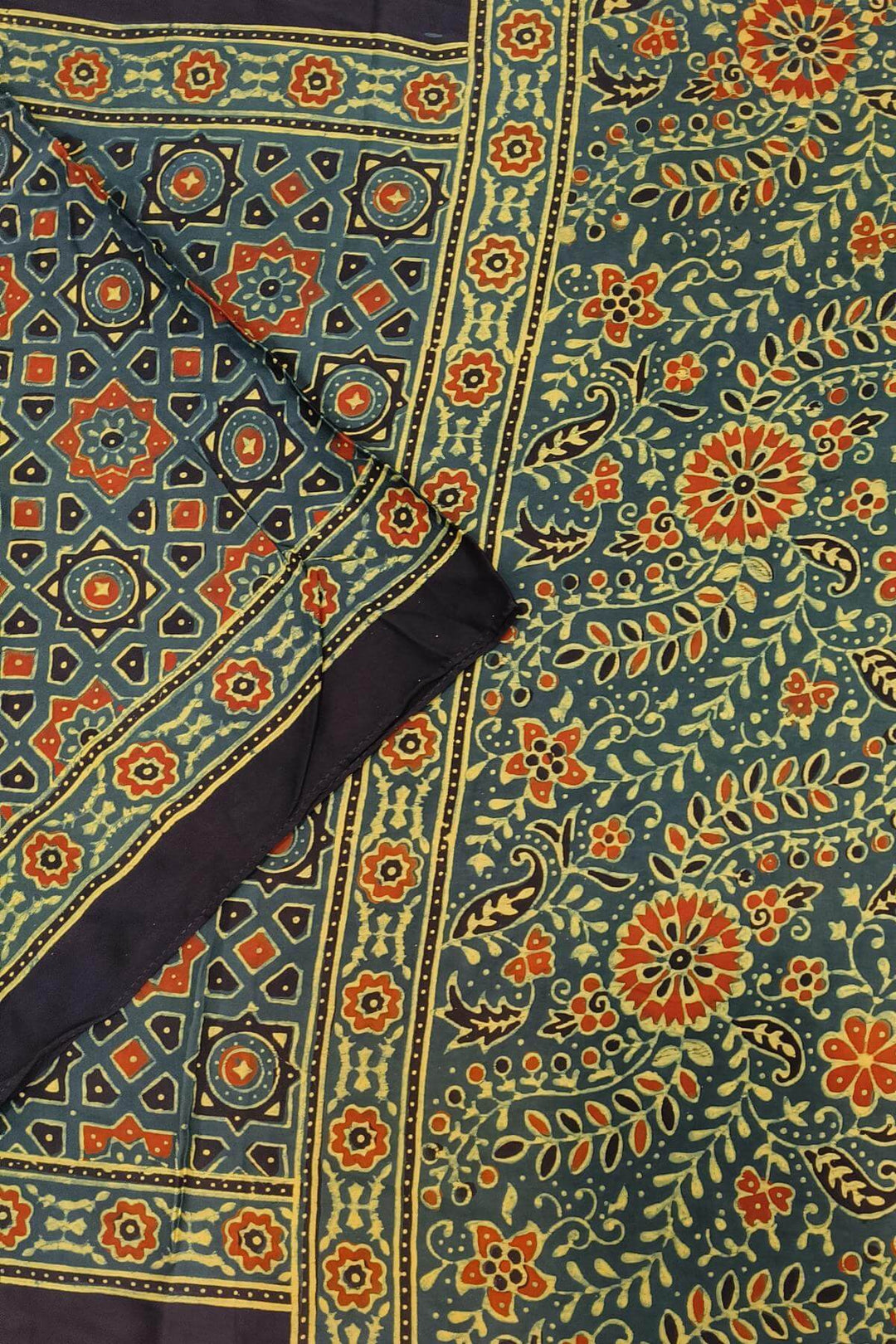 Modal silk  stole in green with  ajrakh hand block print
