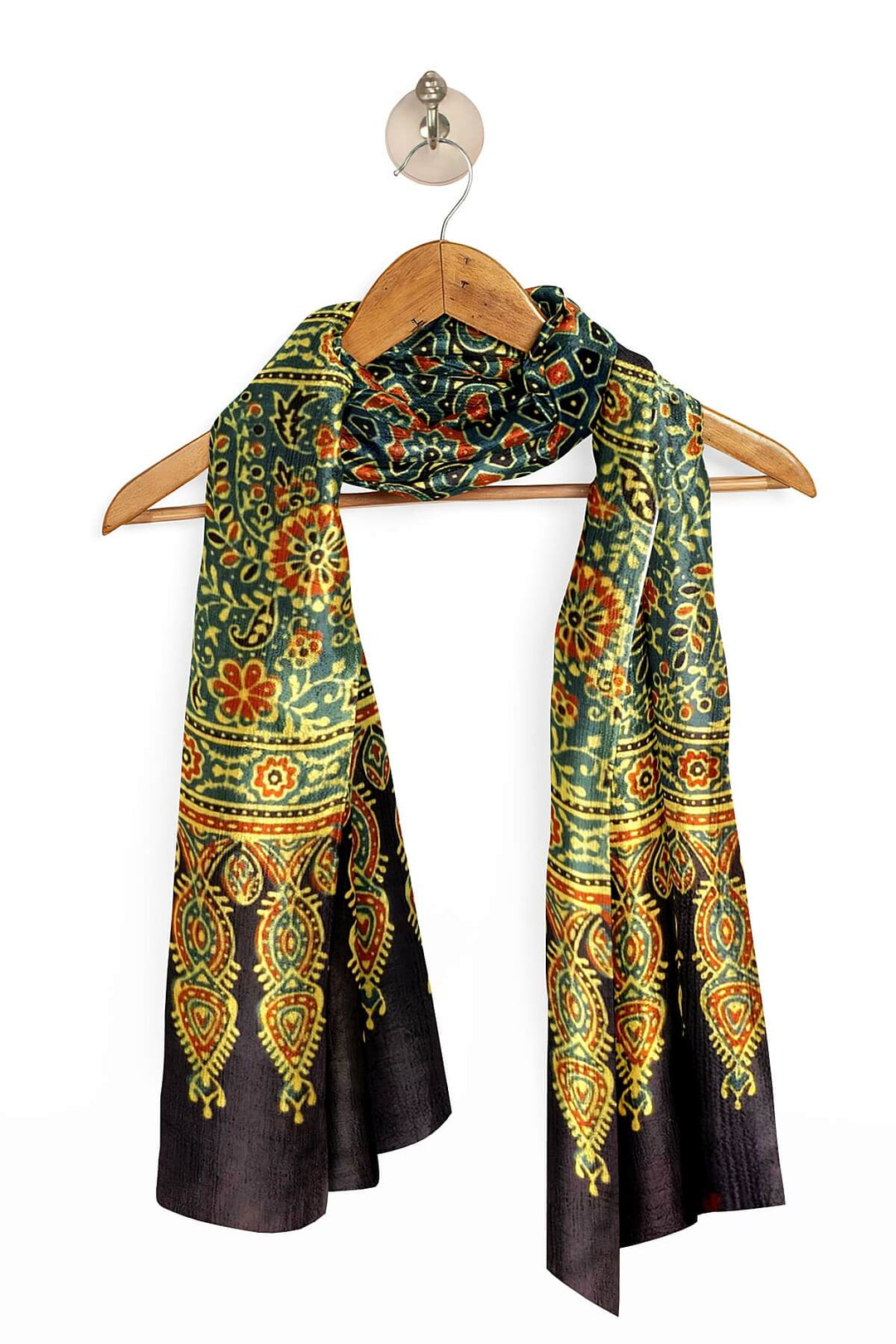 Modal silk  stole in green with  ajrakh hand block print