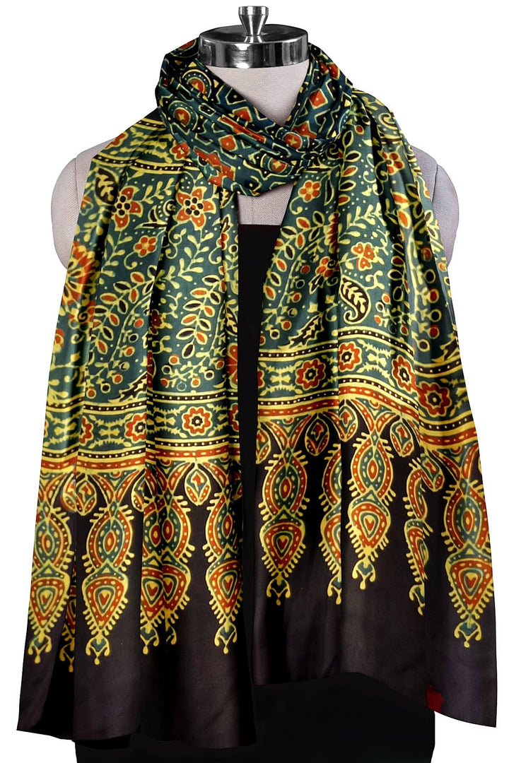 Modal silk  stole in green with  ajrakh hand block print