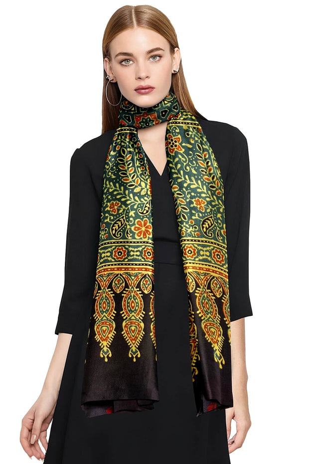 Modal silk  stole in green with  ajrakh hand block print