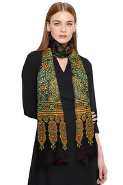 Modal silk  stole in green with  ajrakh hand block print