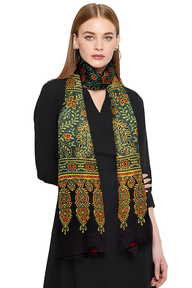 Modal silk  stole in green with  ajrakh hand block print