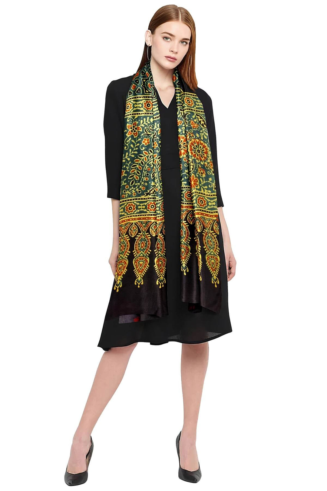 Modal silk  stole in green with  ajrakh hand block print