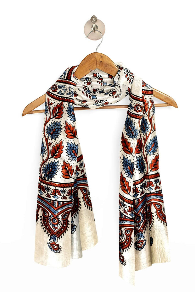 Modal silk  stole in white with  ajrakh hand block print