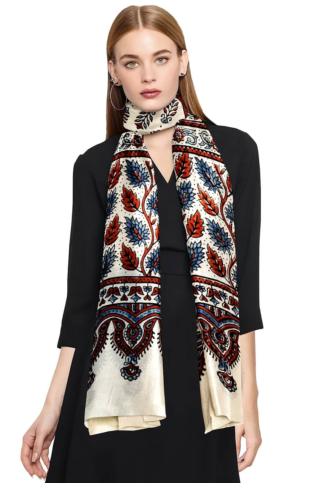 Modal silk  stole in white with  ajrakh hand block print