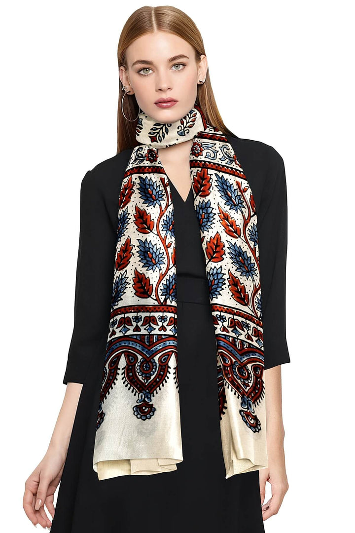 Modal silk  stole in white with  ajrakh hand block print