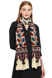 Modal silk  stole in white with  ajrakh hand block print
