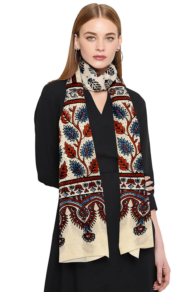 Modal silk  stole in white with  ajrakh hand block print