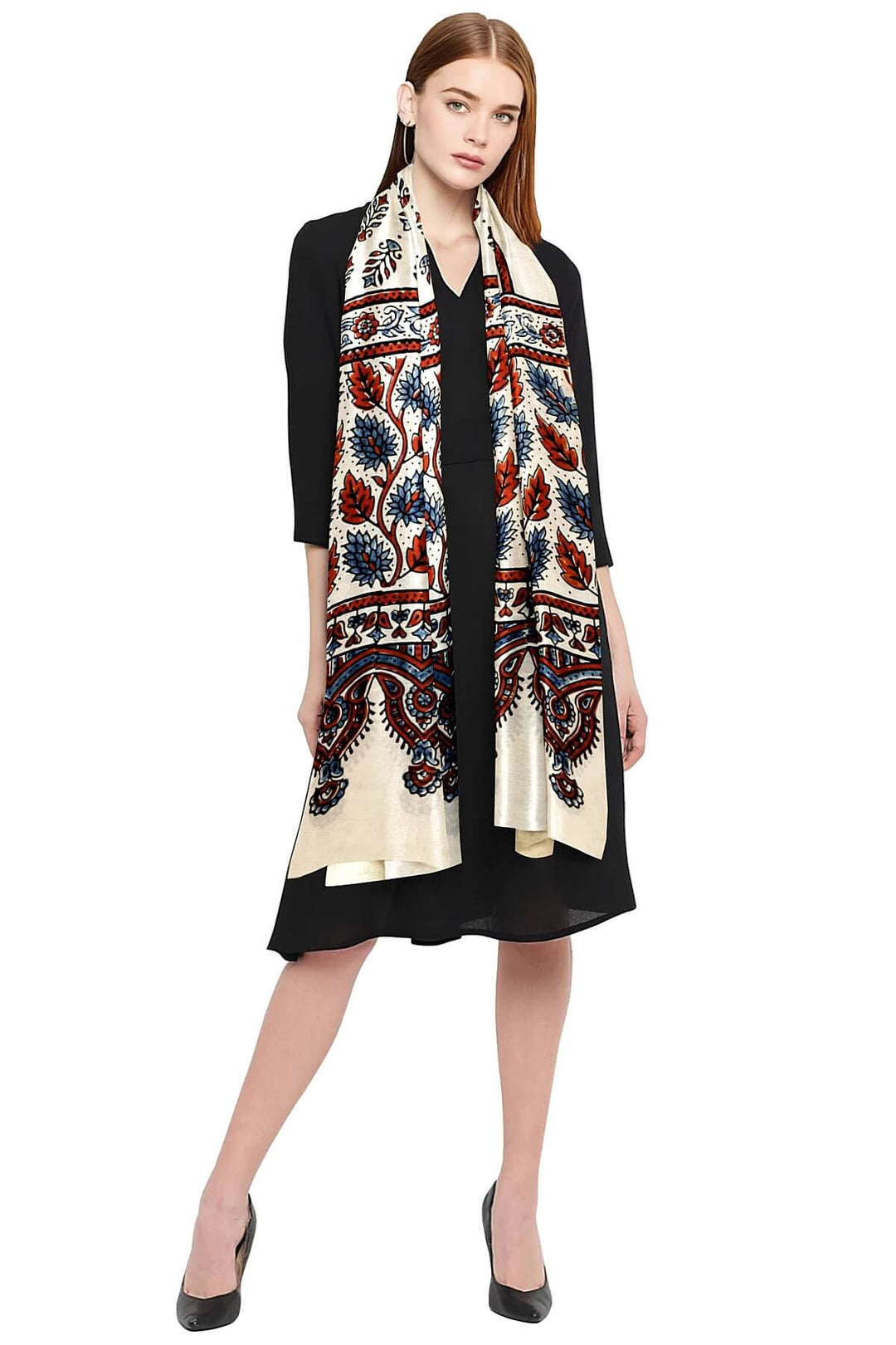 Modal silk  stole in white with  ajrakh hand block print