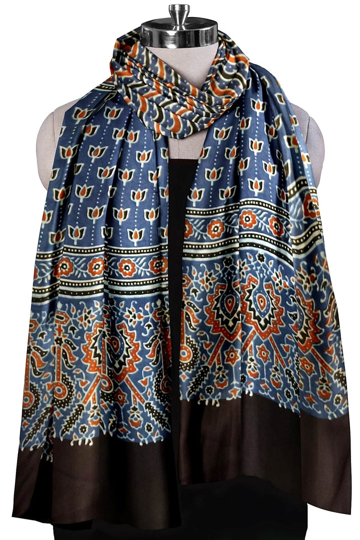 Modal silk  stole in blue with  ajrakh hand block print