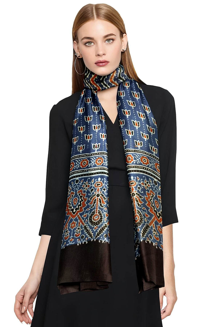 Modal silk  stole in blue with  ajrakh hand block print