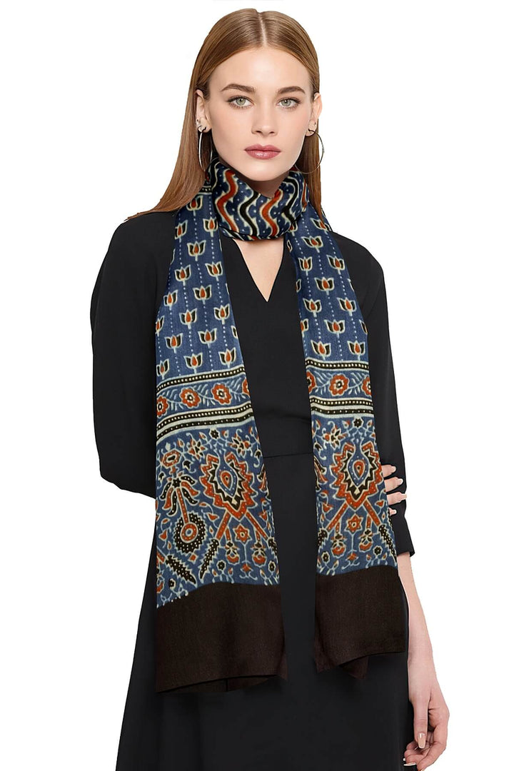 Modal silk  stole in blue with  ajrakh hand block print