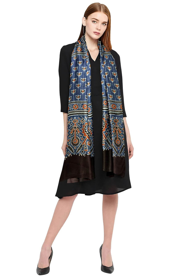 Modal silk  stole in blue with  ajrakh hand block print
