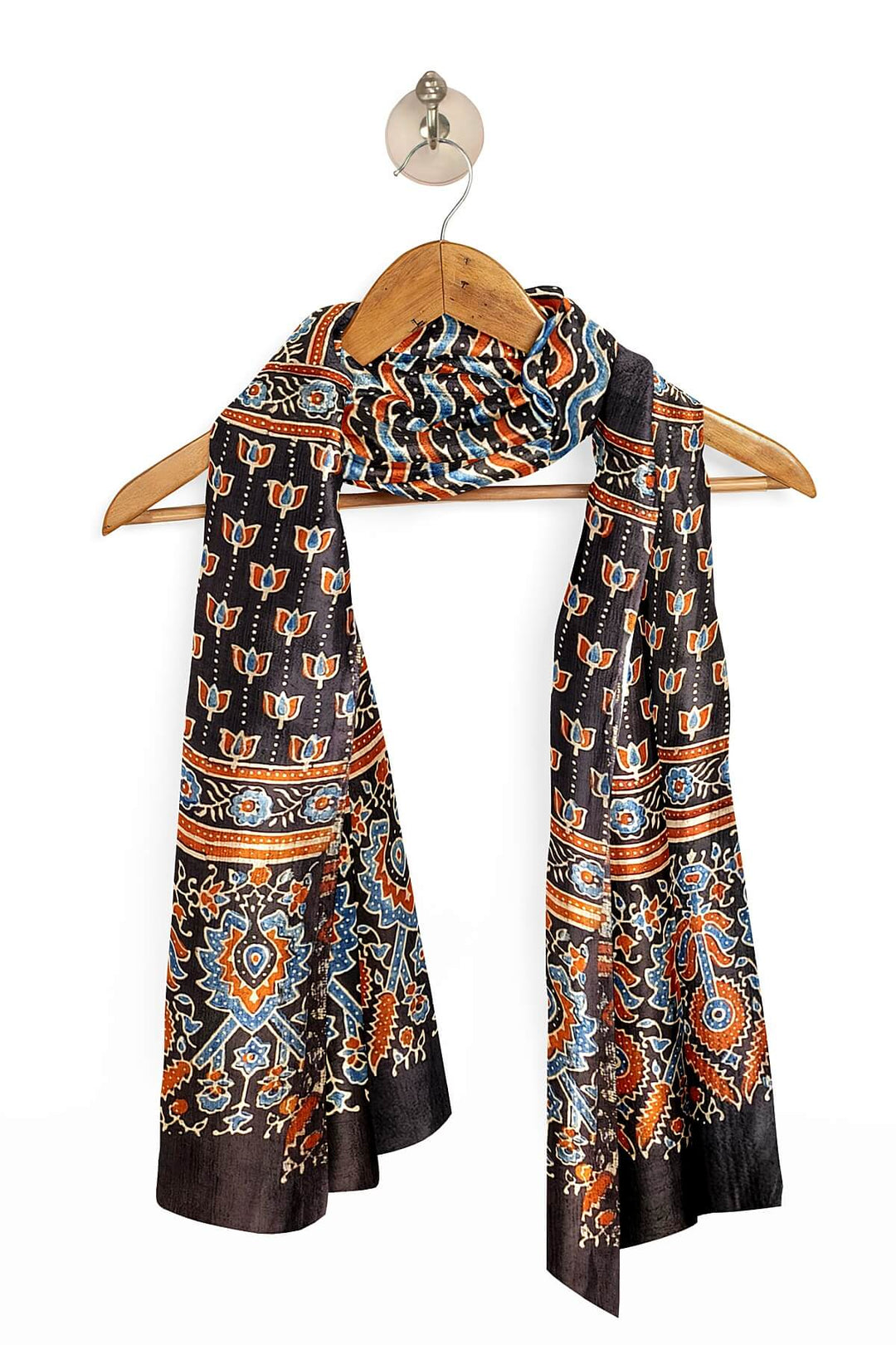Modal silk  stole in black with  ajrakh hand block print