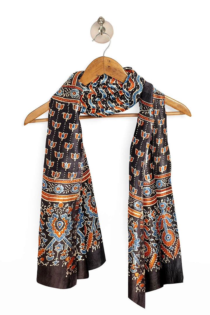 Modal silk  stole in black with  ajrakh hand block print