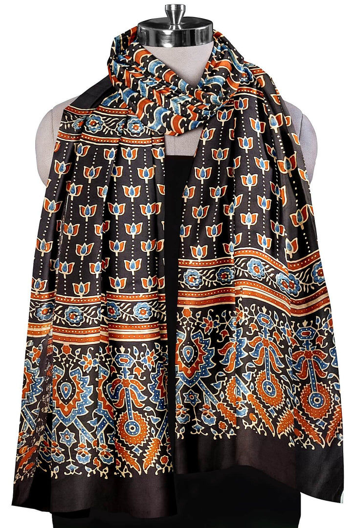 Modal silk  stole in black with  ajrakh hand block print