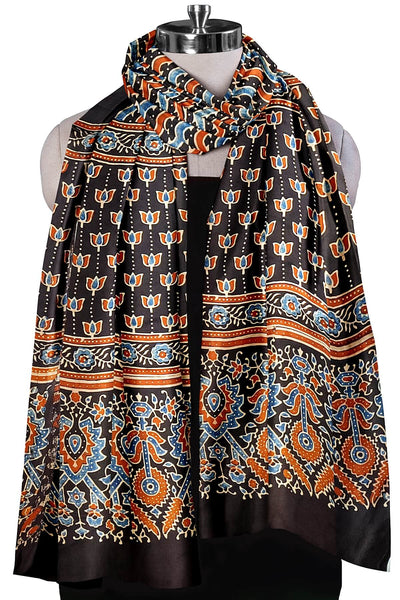Modal silk  stole in black with  ajrakh hand block print