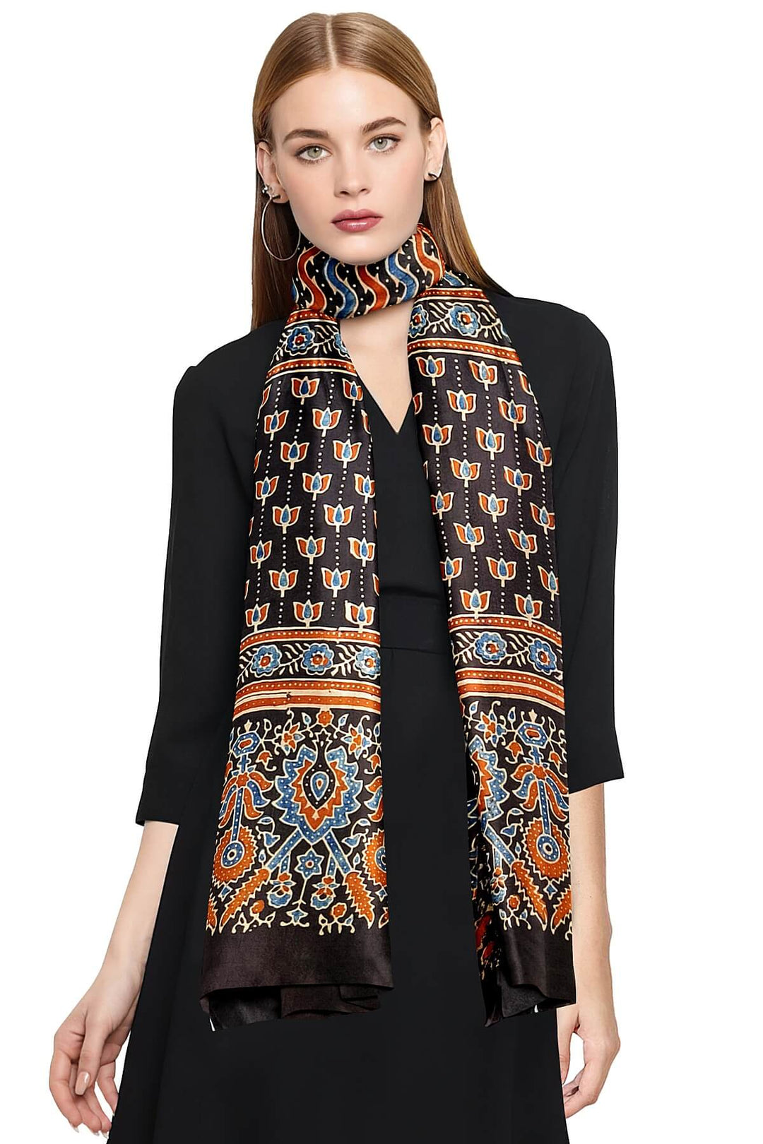 Modal silk  stole in black with  ajrakh hand block print