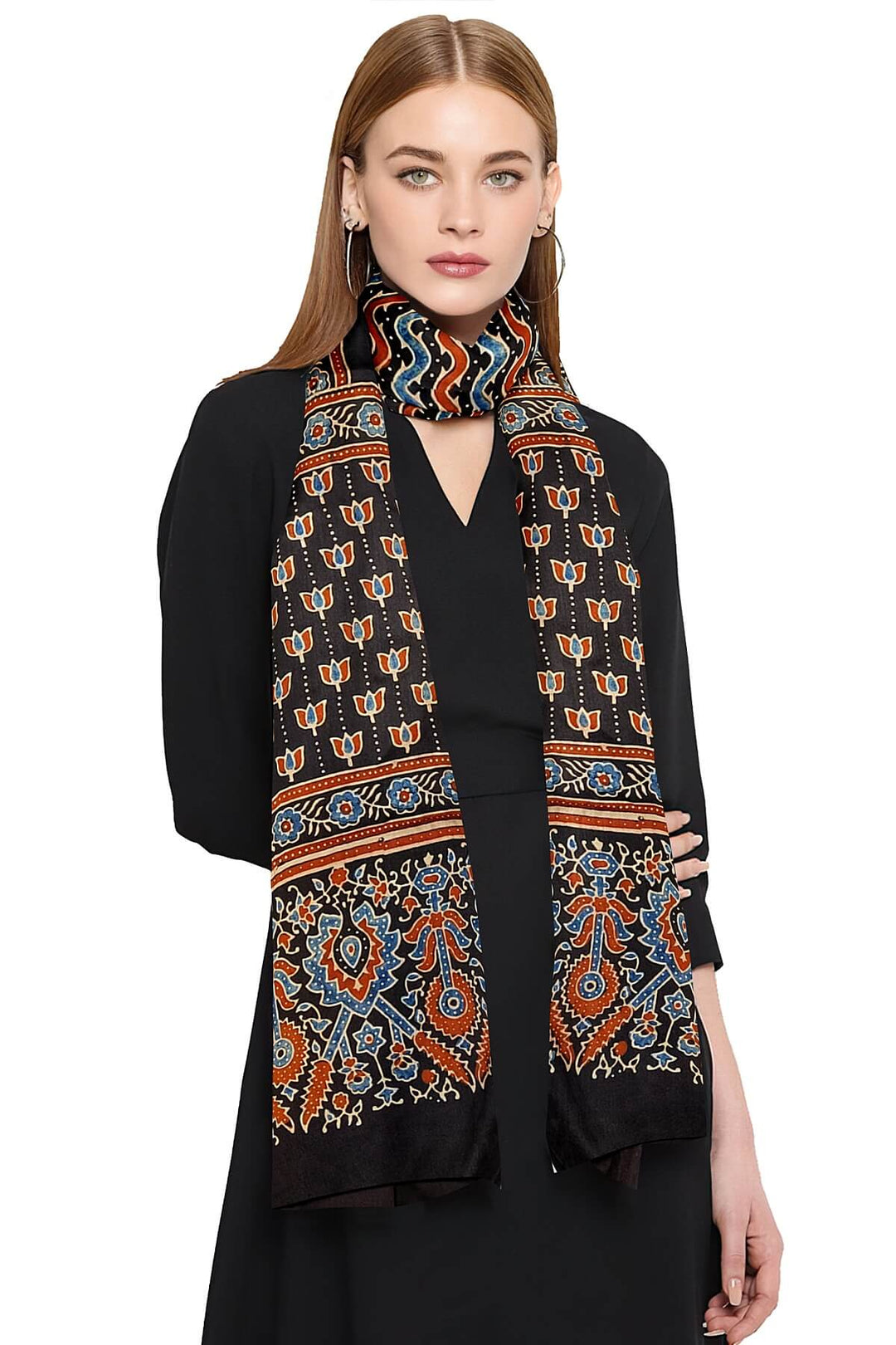 Modal silk  stole in black with  ajrakh hand block print
