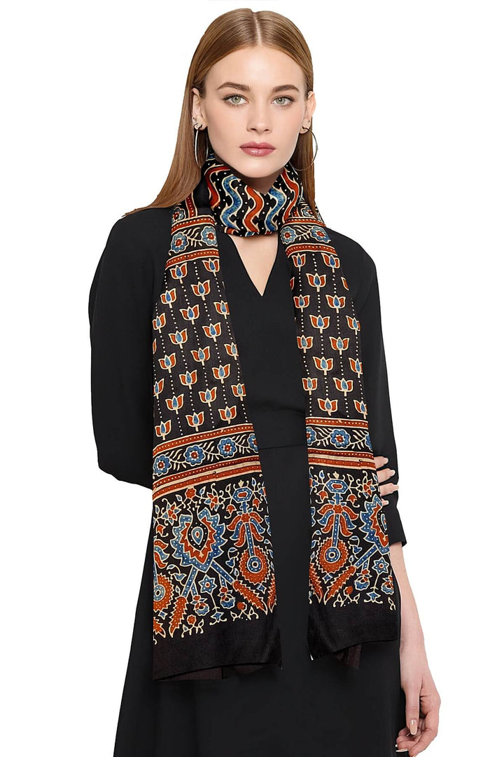 Modal silk  stole in black with  ajrakh hand block print