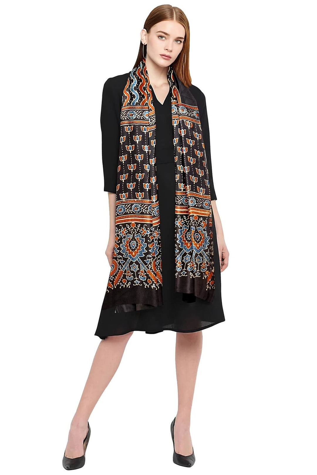 Modal silk  stole in black with  ajrakh hand block print