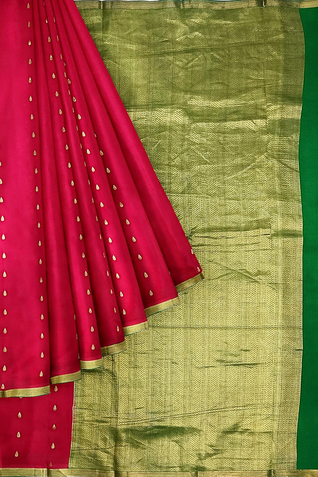Mysore crepe pure silk saree in red  with small motifs and  green pallu