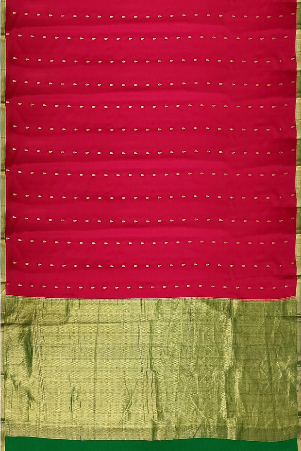 Mysore crepe pure silk saree in red  with small motifs and  green pallu