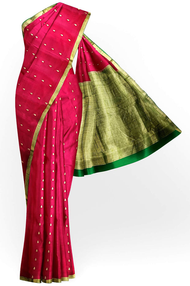 Mysore crepe pure silk saree in red  with small motifs and  green pallu