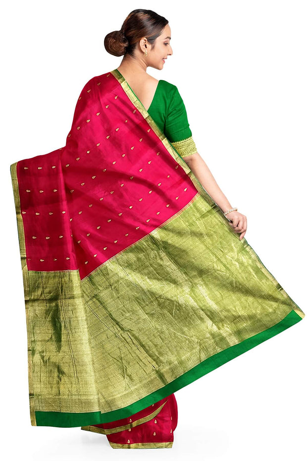 Mysore crepe pure silk saree in red  with small motifs and  green pallu