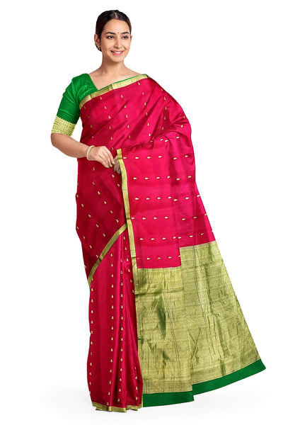 Mysore crepe pure silk saree in red  with small motifs and  green pallu
