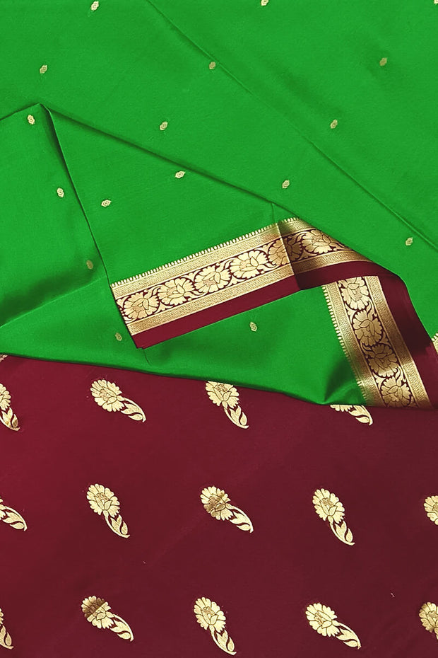 Mysore crepe pure silk saree in green with small motifs all over the body.