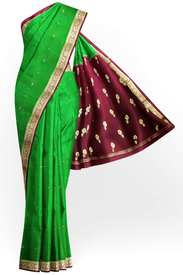 Mysore crepe pure silk saree in green with small motifs all over the body.