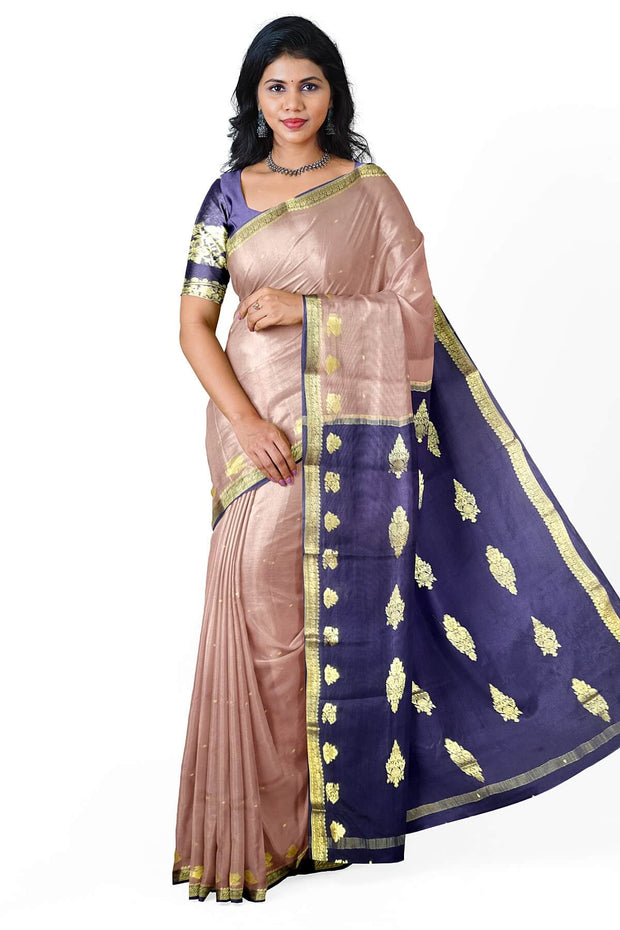 Mysore crepe silk saree in mauve with small motifs all over & contrast pallu